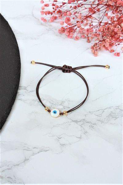 Neva BROWN STRING WITH WHITE MINIES EVIL EYE BIGUTER BRACELET