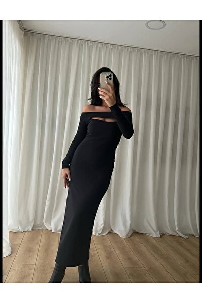 Fiori Μαύρο φόρεμα με λαιμόκοψη με λεπτομέρεια με σκίσιμο