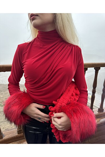 AYDINDOKUMA Kırmızı Kürk kol Bluz Peluş Tüylü kollu Kazak kolları suni Kürklü
