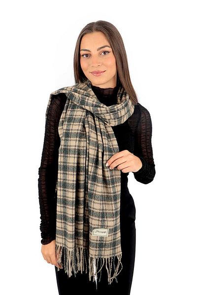 Bursa İpek Beige Green Plaid Pattern Winter Shawl