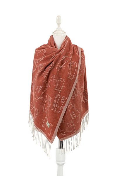 Bursa İpek Cinnamon Cat Pattern Winter Shawl