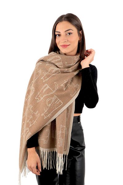 Bursa İpek Milk Coffee Cat Pattern Winter Shawl