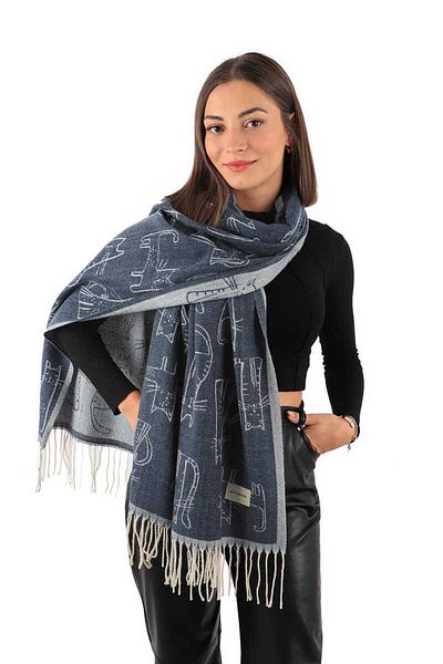 Bursa İpek Petrol Blue Cat Pattern Winter Shawl