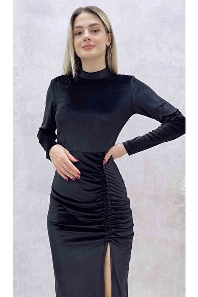 WOMAN VISION Rochie neagră cu mânecă lungă din țesătură elastică din catifea ...