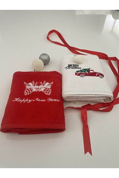 Casamollis 100% Cotton Embroidered Kitchen Hand Face 50x90cm Red And White Color Christmas Boxed Towel Set