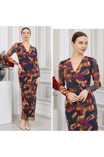CİXAPLE V-Neck Lycra Printed Tulle Dress