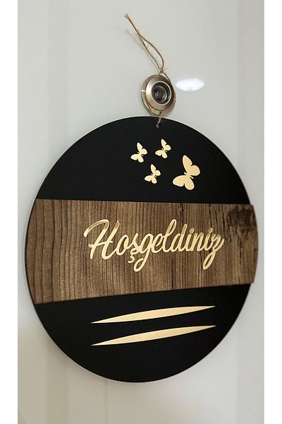 Pey Aksesuar Welcome Written Butterfly Detailed Mirrored Plexi Wooden Door Ornament Decorative