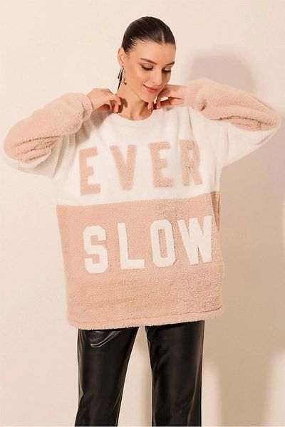 hazelin Γυναικεία κρεμ λευκή μπλούζα EVER SLOW Άνετη βελούδινη φούτερ με στάμπα HZL23W-BD 1554781