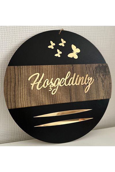 Pey Aksesuar Welcome Written Butterfly Detailed Mirrored Plexi Wooden Door Ornament Decorative