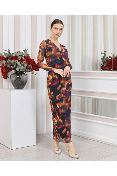CİXAPLE V-Neck Lycra Printed Tulle Dress