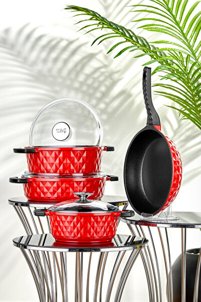 Taç Carabella Cast Glass Lid 7 Piece Pot Set Red