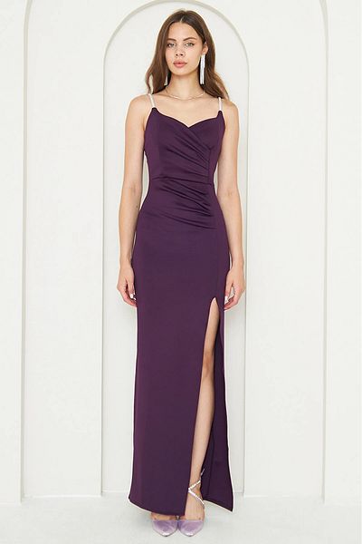 WOMAN VISION Women's Jewelled Strap Scuba Fabric Maxi Length Plum Dress with Chest Cutout and Slit Detail582513