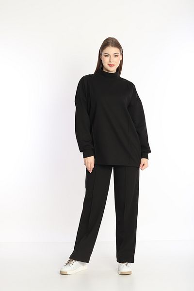 NEED LİFE Women's Black Double Cotton Fabric Hooded Comfortable Fit Stand Collar Tunic Tracksuit Set - Nd 2356