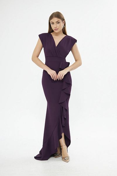 WOMAN VISION Rochie maxi mov, fără mâneci, pentru femei, cu guler la două piepturi, cu detalii de volantă582443