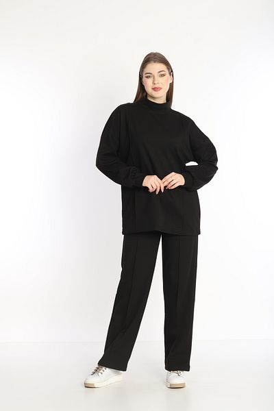 NEED LİFE Women's Black Double Cotton Fabric Hooded Comfortable Fit Stand Collar Tunic Tracksuit Set - Nd 2356