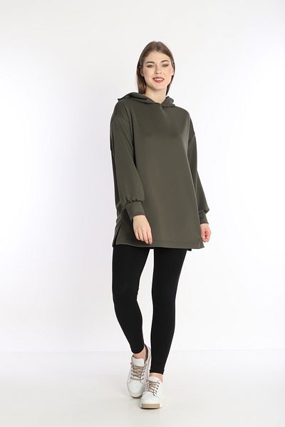 NEED LİFE Women's Khaki Scuba Fabric Hooded Comfortable Fit Sweat Tunic - Nd 2355