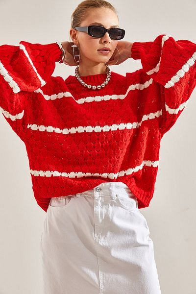 Bianco Lucci Gestreifter Wabenstrickpullover mit Ballonärmeln für Damen