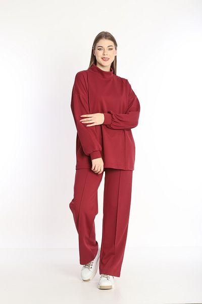 NEED LİFE Women's Burgundy Double Cotton Fabric Hooded Comfortable Fit Stand Collar Tunic Tracksuit Set - Nd 2356