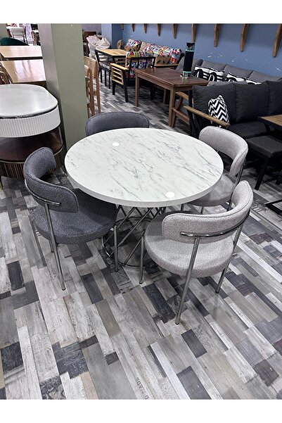 Ankara Dinç Metal Sehpa Yuvarlak Masa Sandalye Takımı Krom Ayak Beyaz mermer Glos Masa