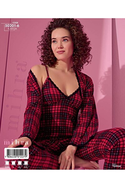 Mihra Kadın Kırmızı Ekoseli 3 Lü Renk Uzun Kol Ev Kıyafeti