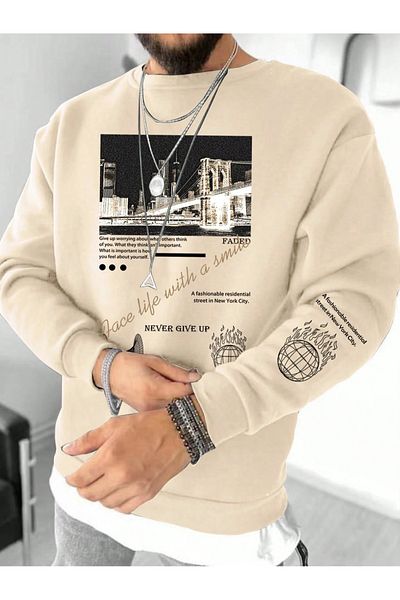 Black Sokak Beige Never Give Up Printed Crew Neck Oversize Sweatshirt Unisex