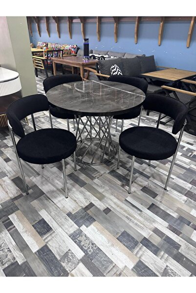 Ankara Dinç Metal Sehpa Yuvarlak Masa Sandalye Takımı Krom Ayak İrony Glos Masa