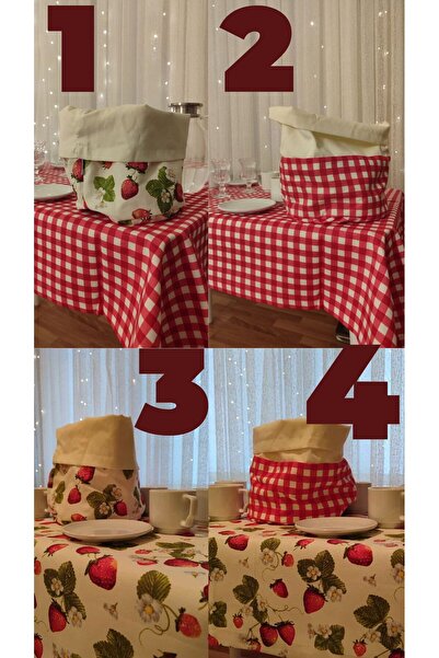 Rummy Health Çift Taraflı Sunumluk /Saklama Ekmek Sepeti ve 2'li Masa Örtüsü Takımı (Çilek ve Kırmızı Pötikareli)