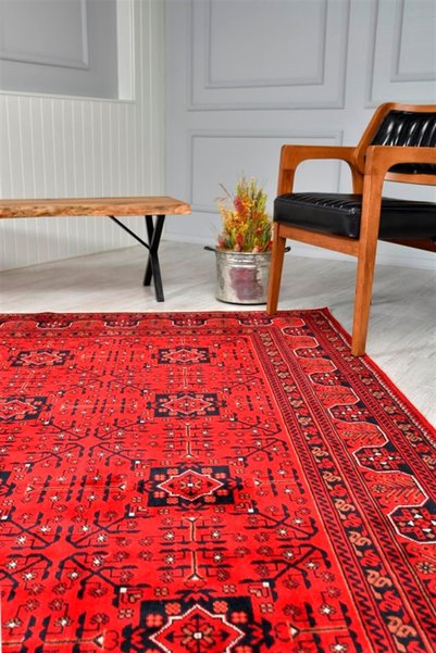 Çam Halı Bambos Plus 901 Kırmızı Yün Ve Bambu Ile Özel Tezgahlarda Üretilen Afgan Halısı Desenli El