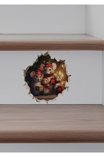 WALLHUMAN Duvar Deliğinde Sevimli Yılbaşı Fareleri Stickerı (3D Görünümlü)
