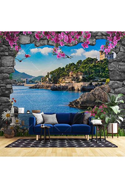 HD Deniz Ada Çiçek Manzaralı Duvar Kağıdı