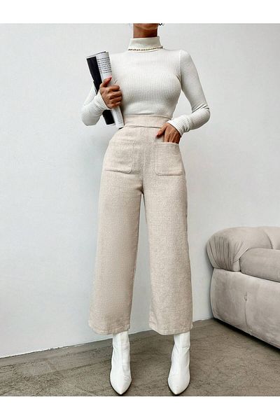 Smart Moda Beige Stamped Women's Trousers PANT1030
