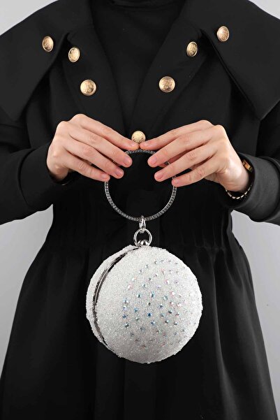 ROZA CANTA Λευκή Γυναικεία Στρογγυλή Βραδινή Τσάντα Βραδινό Φόρεμα από Κρυστάλλινη Πέτρα