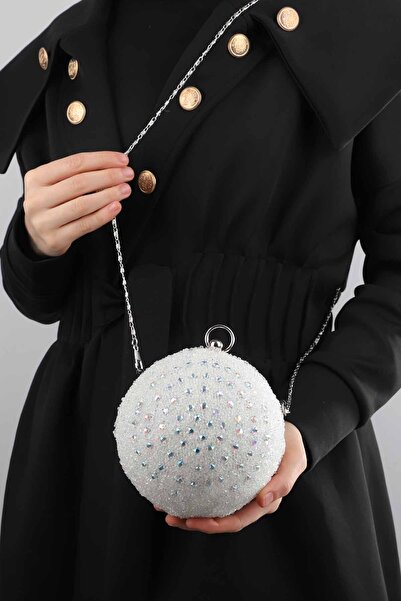 ROZA CANTA Λευκή Γυναικεία Στρογγυλή Βραδινή Τσάντα Βραδινό Φόρεμα από Κρυστάλλινη Πέτρα