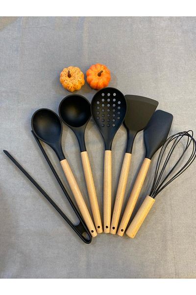 Kitchen Crazy 7 Piece Bamboo Handle Silicone Ladle Spatula Kitchen Set Black