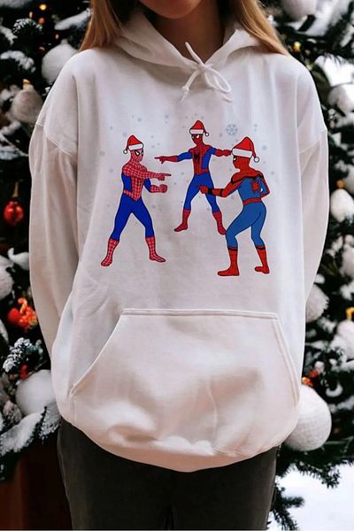 Gofeel White Spiderman Harajuku Street Christmas Sweatshirt - Hooded