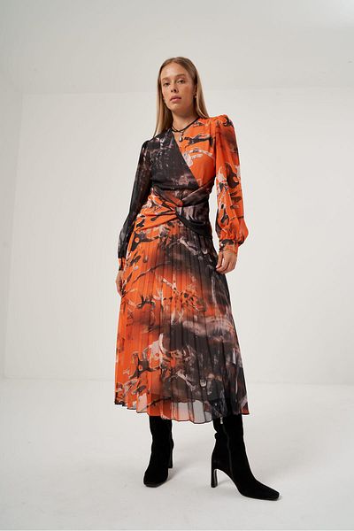 Mimya Orange Patterned Pleated Dress 2830