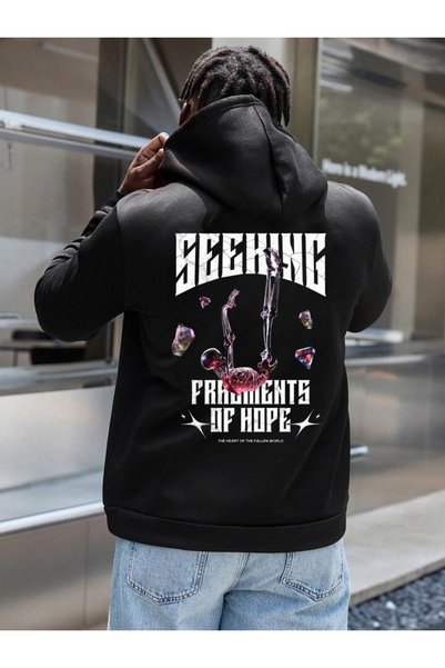 DEEPSENCE Black Hooded Sweatshirt Seeking Back Printed
