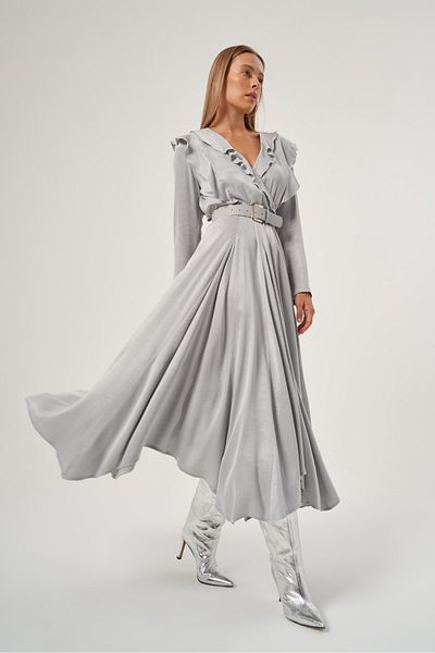Mimya Gray Flounce Collar Leather Belt Dress 2807