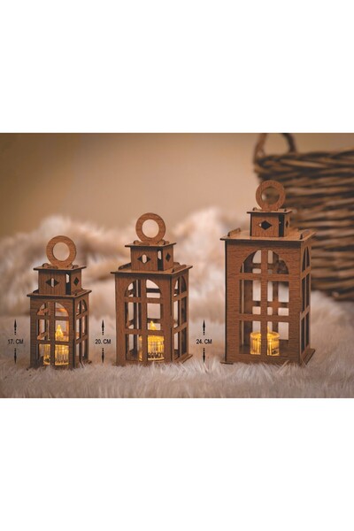 KG Tasarım 3'lü Ahşap Dekoratif Süs Fener Seti