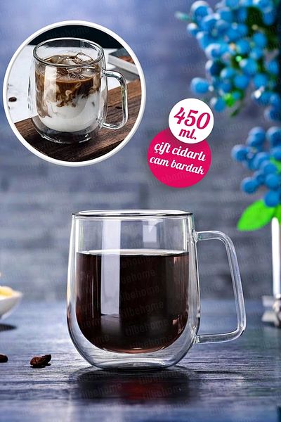 Tilbe Home كوب زجاجي مزدوج الجدار مكون من قطعتين سعة 450 مل كوب مكتب منزلي بطبقة مزدوجة كوب زجاجي عازل للحرارة بمقبض