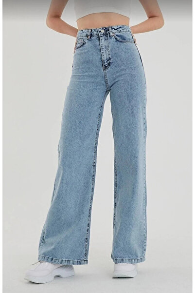 ByCukurovaFrango Rosa Жіночі джинси з високою талією, комфортні, з еластичним матеріалом, широкими штанинами, джинсові палаццо