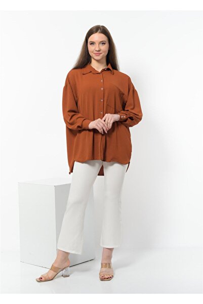 Nuseel Kadın Aerobin Kumaş Düğmeli Oversize Gömlek Kahve