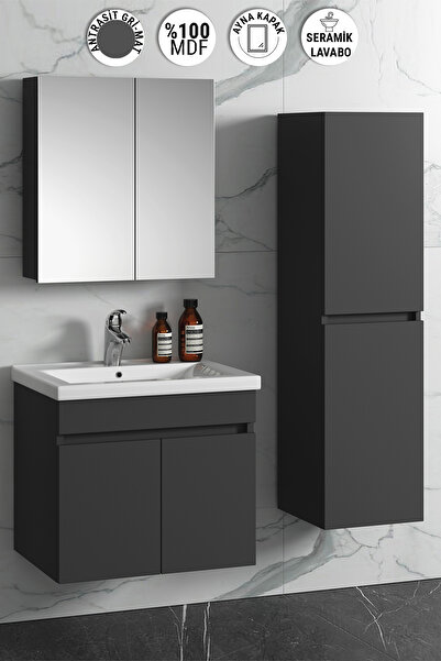 ÖZCEDEN Çiğdem 65+35 cm Antrasit Gri Mat MDF Seramik Lavabolu Sepetli Asma Ba...