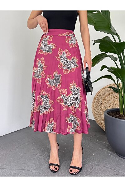 Modamorfo Patterned Pleated Zippered Satin Skirt