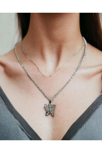 Mixperi Zircon Stone White Chain Butterfly Model Necklace Butterfly Patterned Necklace