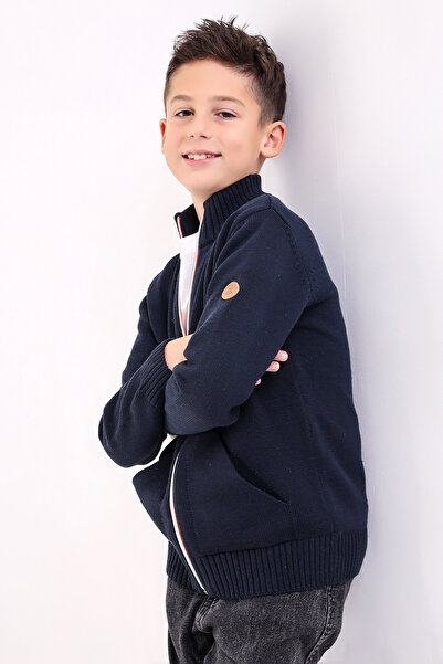 Matte BRUSEL BOY'S ORANJ ZIPPERED NAVY BLUE POCKET Knitwear Cardigan