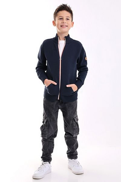 Matte BRUSEL BOY'S ORANJ ZIPPERED NAVY BLUE POCKET Knitwear Cardigan