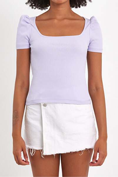 ESPİNA Women's Square Collar Short Sleeve Blouse-body Lilac
