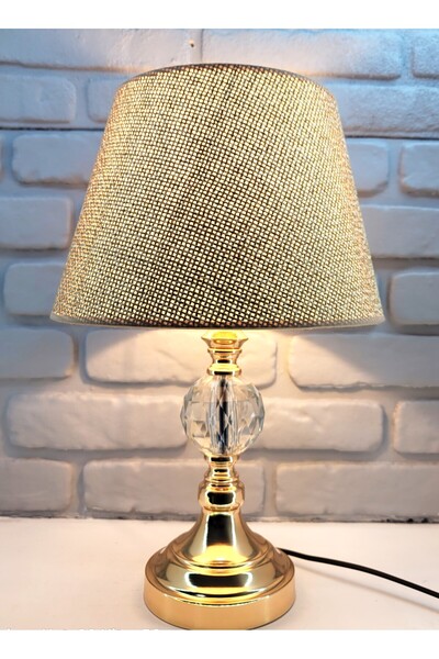 365GUNSERİSONU Gold Kaplama Büyük Kristal Taşlı Metal Ayak Keten Kahverengi Kumaş Şapkalı Abajur Aydınlatma