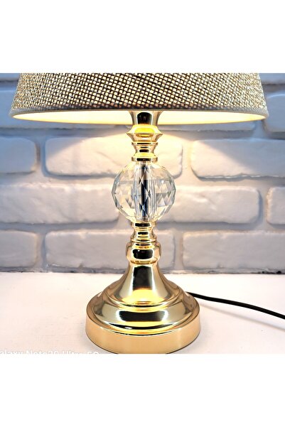 365GUNSERİSONU Gold Kaplama Büyük Kristal Taşlı Metal Ayak Keten Kahverengi Kumaş Şapkalı Abajur Aydınlatma